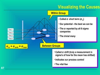 Visualizing the Causes
                                      Within Group

                                             • Called σ short term (σ st)
                                             • Our potential - the best we can be

       Time 1
                                             • The σ reported by all 6 sigma
       Time 2                                  companies
       Time 3                                • The trivial many
       Time 4



     σ st + σ shift = σ total   Between Groups

                                         • Called σ shift (truly a measurement in
                                           sigma's of how far the mean has shifted)
                                         • Indicates our process control
                                         • The vital few
87
 