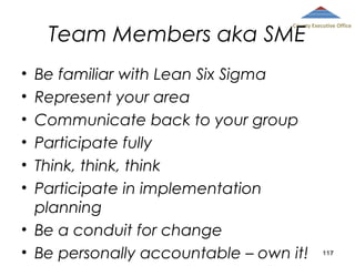 Team Members aka SME

County Executive Office

Be familiar with Lean Six Sigma
Represent your area
Communicate back to your group
Participate fully
Think, think, think
Participate in implementation
planning
• Be a conduit for change
• Be personally accountable – own it!
•
•
•
•
•
•

117

 