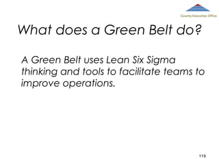 County Executive Office

What does a Green Belt do?
A Green Belt uses Lean Six Sigma
thinking and tools to facilitate teams to
improve operations.

119

 