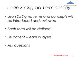 Lean Six Sigma Terminology

County Executive Office

• Lean Six Sigma terms and concepts will
be introduced and reviewed
• Each term will be defined
• Be patient – learn in layers
• Ask questions
Vocabulary Tab

13

 