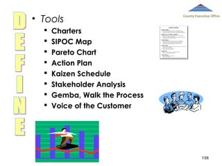 • Tools









County Executive Office

Charters
SIPOC Map
Pareto Chart
Action Plan
Kaizen Schedule
Stakeholder Analysis
Gemba, Walk the Process
Voice of the Customer

138

 