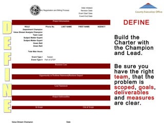  

 
PH Clinic Registration and Billing Process

 

Date Initiated:
Revision Date:

 

Event End Date:

County Executive Office

Event Start Date:

 

 

 

 
 

Project Information
ROLE

Phone No.

LAST NAME

FIRST NAME

AGENCY

DEFINE

Department Champion
Value Stream Analysis Champion

Build the
Charter with
the Champion
and Lead.

Team Lead
Subject Matter Expert
Subject Matter Expert
Green Belt
Green Belt
Total Man Hours
Event Type I

Kaizen

Event Type II

Part of GTEP
Business Case

Opportunity or Problem Statement/Business Impact

Goal Statement

Project Deliverables

In Scope

Out of Scope

 

 

Value Stream Champion

Date

Be sure you
have the right
team, that the
problem is
scoped, goals,
deliverables
and measures
are clear.

 