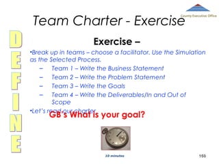Team Charter - Exercise

County Executive Office

Exercise –
•Break up in teams – choose a facilitator. Use the Simulation
as the Selected Process.
– Team 1 – Write the Business Statement
– Team 2 – Write the Problem Statement
– Team 3 – Write the Goals
– Team 4 – Write the Deliverables/In and Out of
Scope
•Let’s read our charter

GB’s What is your goal?

10 minutes

150

 