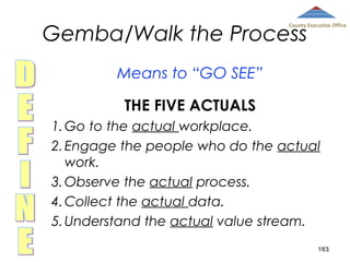 Gemba/Walk the Process

County Executive Office

Means to “GO SEE”
THE FIVE ACTUALS
1. Go to the actual workplace.
2. Engage the people who do the actual
work.
3. Observe the actual process.
4. Collect the actual data.
5. Understand the actual value stream.
163

 