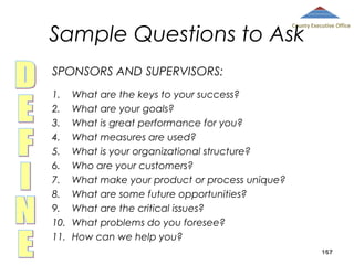 Sample Questions to Ask

County Executive Office

SPONSORS AND SUPERVISORS:
1.
2.
3.
4.
5.
6.
7.
8.
9.
10.
11.

What are the keys to your success?
What are your goals?
What is great performance for you?
What measures are used?
What is your organizational structure?
Who are your customers?
What make your product or process unique?
What are some future opportunities?
What are the critical issues?
What problems do you foresee?
How can we help you?
167

 