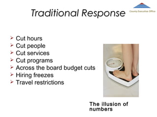 Traditional Response








Cut hours
Cut people
Cut services
Cut programs
Across the board budget cuts
Hiring freezes
Travel restrictions
The illusion of
numbers

County Executive Office

 