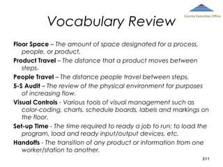 Vocabulary Review

County Executive Office

Floor Space – The amount of space designated for a process,
people, or product.
Product Travel – The distance that a product moves between
steps.
People Travel – The distance people travel between steps.
5-S Audit – The review of the physical environment for purposes
of increasing flow.
Visual Controls - Various tools of visual management such as
color-coding, charts, schedule boards, labels and markings on
the floor.
Set-up Time - The time required to ready a job to run: to load the
program, load and ready input/output devices, etc.
Handoffs - The transition of any product or information from one
worker/station to another.
211

 