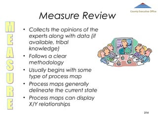 Measure Review

County Executive Office

• Collects the opinions of the
experts along with data (if
available, tribal
knowledge)
• Follows a clear
methodology
• Usually begins with some
type of process map
• Process maps generally
delineate the current state
• Process maps can display
X/Y relationships
214

 
