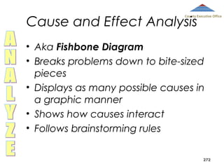 Cause and Effect Analysis

County Executive Office

• Aka Fishbone Diagram
• Breaks problems down to bite-sized
pieces
• Displays as many possible causes in
a graphic manner
• Shows how causes interact
• Follows brainstorming rules
272

 