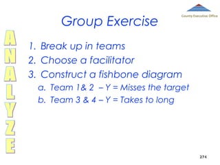 Group Exercise

County Executive Office

1. Break up in teams
2. Choose a facilitator
3. Construct a fishbone diagram
a. Team 1& 2 – Y = Misses the target
b. Team 3 & 4 – Y = Takes to long

274

 