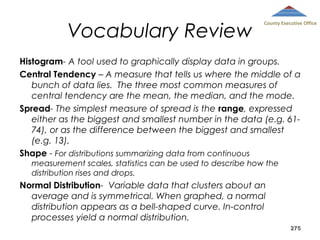 Vocabulary Review

County Executive Office

Histogram- A tool used to graphically display data in groups.
Central Tendency – A measure that tells us where the middle of a
bunch of data lies. The three most common measures of
central tendency are the mean, the median, and the mode.
Spread- The simplest measure of spread is the range, expressed
either as the biggest and smallest number in the data (e.g. 6174), or as the difference between the biggest and smallest
(e.g. 13).
Shape - For distributions summarizing data from continuous
measurement scales, statistics can be used to describe how the
distribution rises and drops.

Normal Distribution- Variable data that clusters about an
average and is symmetrical. When graphed, a normal
distribution appears as a bell-shaped curve. In-control
processes yield a normal distribution.
275

 