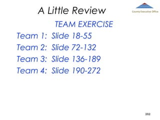 A Little Review
Team 1:
Team 2:
Team 3:
Team 4:

County Executive Office

TEAM EXERCISE
Slide 18-55
Slide 72-132
Slide 136-189
Slide 190-272

282

 