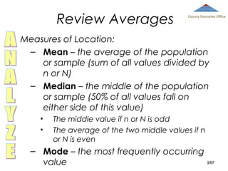 Review Averages

County Executive Office

Measures of Location:
– Mean – the average of the population
or sample (sum of all values divided by
n or N)
– Median – the middle of the population
or sample (50% of all values fall on
either side of this value)
•
•

The middle value if n or N is odd
The average of the two middle values if n
or N is even

– Mode – the most frequently occurring
value

287

 