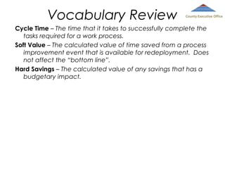 Vocabulary Review

County Executive Office

Cycle Time – The time that it takes to successfully complete the
tasks required for a work process.
Soft Value – The calculated value of time saved from a process
improvement event that is available for redeployment. Does
not affect the “bottom line”.
Hard Savings – The calculated value of any savings that has a
budgetary impact.

 
