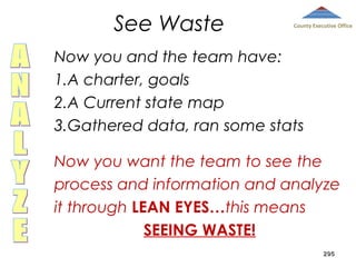 See Waste

County Executive Office

Now you and the team have:
1.A charter, goals
2.A Current state map
3.Gathered data, ran some stats
Now you want the team to see the
process and information and analyze
it through LEAN EYES…this means
SEEING WASTE!
295

 