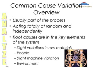 Common Cause Variation
Overview

County Executive Office

• Usually part of the process
• Acting totally at random and
independently
• Root causes are in the key elements
of the system

301

– Slight variations in raw materials
– People
– Slight machine vibration
– Environment

 