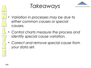 Takeaways

County Executive Office

• Variation in processes may be due to
either common causes or special
causes.
• Control charts measure the process and
identify special cause variation.
• Correct and remove special cause from
your data set.

309

 