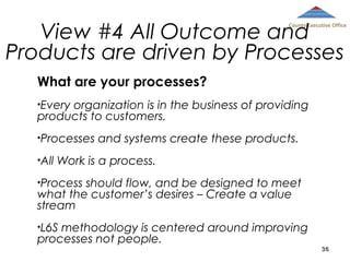 View #4 All Outcome and
Products are driven by Processes

County Executive Office

What are your processes?
•Every

organization is in the business of providing
products to customers.
•Processes
•All

and systems create these products.

Work is a process.

•Process

should flow, and be designed to meet
what the customer’s desires – Create a value
stream
•L6S

methodology is centered around improving
processes not people.

36

 
