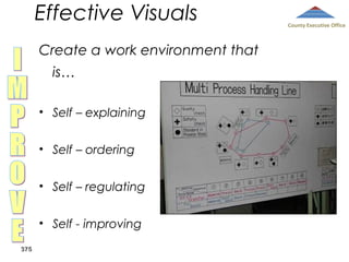 Effective Visuals
Create a work environment that
is…
• Self – explaining
• Self – ordering
• Self – regulating
• Self - improving
375

County Executive Office

 