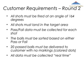 County Executive Office

Customer Requirements – Round 2
• All shots must be fired at an angle of 164
degrees
• All shots must land in the target area
• Pass/Fail data must be collected for each
shot
• The balls must be sorted based on either
Pass or Fail
• 20 passed balls must be delivered to
customer with no markings (colored dots)
• All data must be collected “real time”

 