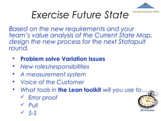 Exercise Future State

County Executive Office

Based on the new requirements and your
team’s value analysis of the Current State Map,
design the new process for the next Statapult
round.






Problem solve Variation Issues
New roles/responsibilities
A measurement system
Voice of the Customer
What tools in the Lean toolkit will you use to…
 Error proof
 Pull
 5-S

30 minutes

 