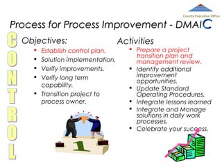 County Executive Office

Process for Process Improvement - DMAI C
Objectives:
Establish control plan.
Solution implementation.
Verify improvements.
Verify long term
capability.
 Transition project to
process owner.





Activities
 Prepare a project
transition plan and
management review.
 Identify additional
improvement
opportunities.
 Update Standard
Operating Procedures.
 Integrate lessons learned
 Integrate and Manage
solutions in daily work
processes.
 Celebrate your success.

 