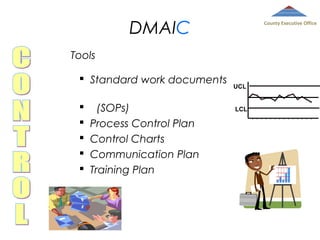 DMAIC

County Executive Office

Tools
 Standard work documents






(SOPs)
Process Control Plan
Control Charts
Communication Plan
Training Plan

UCL

LCL

 
