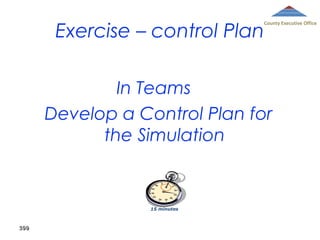 Exercise – control Plan

County Executive Office

In Teams
Develop a Control Plan for
the Simulation

15 minutes

399

 
