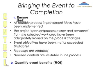 Bringing the Event to
Completion

Ensure
that:
All feasible process improvement ideas have
been implemented
The project sponsor/process owner and personnel
from the affected work area have been
adequately trained on the process changes
Event objectives have been met or exceeded
(Validate)
Processes are updated
Needed controls are instituted in the process

1.

•
•

•
•
•
2.
432

County Executive Office

Quantify event benefits (ROI)

 