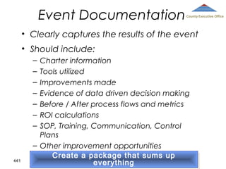 Event Documentation

County Executive Office

• Clearly captures the results of the event
• Should include:
Charter information
Tools utilized
Improvements made
Evidence of data driven decision making
Before / After process flows and metrics
ROI calculations
SOP, Training, Communication, Control
Plans
– Other improvement opportunities
Create a package that sums up
Create a package that sums up
everything
everything
–
–
–
–
–
–
–

441

 