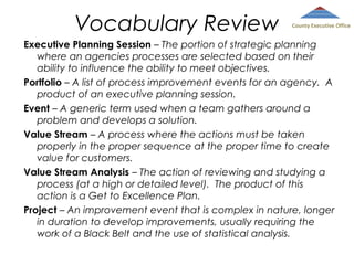 Vocabulary Review

County Executive Office

Executive Planning Session – The portion of strategic planning
where an agencies processes are selected based on their
ability to influence the ability to meet objectives.
Portfolio – A list of process improvement events for an agency. A
product of an executive planning session.
Event – A generic term used when a team gathers around a
problem and develops a solution.
Value Stream – A process where the actions must be taken
properly in the proper sequence at the proper time to create
value for customers.
Value Stream Analysis – The action of reviewing and studying a
process (at a high or detailed level). The product of this
action is a Get to Excellence Plan.
Project – An improvement event that is complex in nature, longer
in duration to develop improvements, usually requiring the
work of a Black Belt and the use of statistical analysis.

 