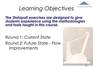 Learning Objectives

County Executive Office

The Statapult exercises are designed to give
students experience using the methodologies
and tools taught in this course.

Round 1: Current State
Round 2: Future State - Flow
Improvements

57

 
