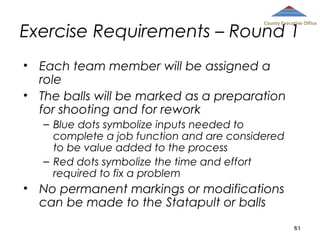 County Executive Office

Exercise Requirements – Round 1
• Each team member will be assigned a
role
• The balls will be marked as a preparation
for shooting and for rework
– Blue dots symbolize inputs needed to
complete a job function and are considered
to be value added to the process
– Red dots symbolize the time and effort
required to fix a problem

• No permanent markings or modifications
can be made to the Statapult or balls
61

 