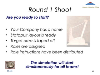 Round 1 Shoot

County Executive Office

Are you ready to start?
•
•
•
•
•

Your Company has a name
Statapult layout is ready
Target area is taped off
Roles are assigned
Role instructions have been distributed
The simulation will start
simultaneously for all teams!
30 min

67

 