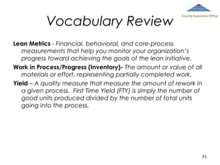 Vocabulary Review

County Executive Office

Lean Metrics - Financial, behavioral, and core-process
measurements that help you monitor your organization’s
progress toward achieving the goals of the lean initiative.
Work in Process/Progress (Inventory)- The amount or value of all
materials or effort, representing partially completed work.
Yield – A quality measure that measure the amount of rework in
a given process. First Time Yield (FTY) is simply the number of
good units produced divided by the number of total units
going into the process.

71

 