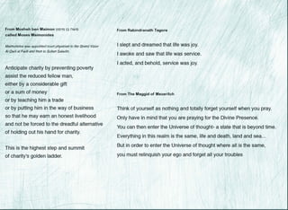 From Mosheh ben Maimon i1n1 n lJ. ilUn
called Moses Maimonides
I
I
Maimonides was appointed court physician to the Grand Vizier
Al Qadi al Fadil and then to Sultan Saladin.
Anticipate charity by preventing poverty
assist the reduced fellow man,
either by a considerable gift
or a sum of money
or by teaching him a trade
or by putting him in the way of business
so that he may earn an honest livelihood
and not be forced to the dreadful alternative•
of holding out his hand for charity.
/
-This is the*highest step and summit
of charity's golden ladder.
.. ;
• •
•
I
From Rabindranath Tagore
I slept and dreamed that life was joy.
I awoke and saw that life was service.
I acted, and behold, service was joy.
I
From The Maggid of Mezeritch
I I
t
,
Think of yourself as nothing and totally forget yourself when you pray.
' '
Only have in mind that you are praying for the Divine Presence.
You can then enter the Universe of thought- a state that is beyond time.
Everything in this realm is the same, life and death, land and sea...
But in order to enter the Universe of thought where all is the same,
you must relinquish your ego and forget all your troubles
•
I
I
•
 