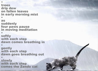 •
trees
drip devv
on fallen leaves
in early morning mist
•
as
suddenly
four pavvs pause
in moving meditation
•
softly
vvith each step
davvn comes breathing in
•
gently
vvith each step
davvn goes breathing out
•
slovvly
vvith each step
comes the Zendo cat
 