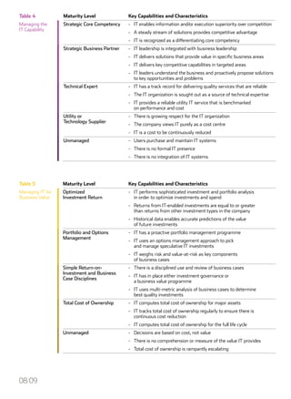 Maturity Level Key Capabilities and Characteristics
Strategic Core Competency - 	 IT enables information and/or execution superiority over competition
- 	 A steady stream of solutions provides competitive advantage
- 	 IT is recognized as a differentiating core competency
Strategic Business Partner - 	 IT leadership is integrated with business leadership
- 	 IT delivers solutions that provide value in specific business areas
- 	 IT delivers key competitive capabilities in targeted areas
- 	 IT leaders understand the business and proactively propose solutions
to key opportunities and problems
Technical Expert - 	 IT has a track record for delivering quality services that are reliable
- 	 The IT organization is sought out as a source of technical expertise
- 	 IT provides a reliable utility IT service that is benchmarked
on performance and cost
Utility or
Technology Supplier
- 	 There is growing respect for the IT organization
- 	 The company views IT purely as a cost centre
- 	 IT is a cost to be continuously reduced
Unmanaged - 	 Users purchase and maintain IT systems
- 	 There is no formal IT presence
- 	 There is no integration of IT systems
Maturity Level Key Capabilities and Characteristics
Optimized
Investment Return
- 	 IT performs sophisticated investment and portfolio analysis
in order to optimize investments and spend
- 	 Returns from IT-enabled investments are equal to or greater
than returns from other investment types in the company
- 	 Historical data enables accurate predictions of the value
of future investments
Portfolio and Options
Management
- 	 IT has a proactive portfolio management programme
- 	 IT uses an options management approach to pick
and manage speculative IT investments
- 	 IT weighs risk and value-at-risk as key components
of business cases
Simple Return-on-
Investment and Business
Case Disciplines
- 	 There is a disciplined use and review of business cases
- 	 IT has in place either investment governance or
a business value programme
- 	 IT uses multi-metric analysis of business cases to determine
best quality investments
Total Cost of Ownership - 	 IT computes total cost of ownership for major assets
- 	 IT tracks total cost of ownership regularly to ensure there is
continuous cost reduction
- 	 IT computes total cost of ownership for the full life cycle
Unmanaged - 	 Decisions are based on cost, not value
- 	 There is no comprehension or measure of the value IT provides
- 	 Total cost of ownership is rampantly escalating
Table 4
Managing the
IT Capability
Table 5
Managing IT for
Business Value
08/09
 