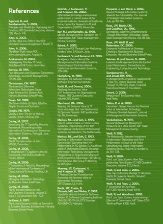 References
Agarwal, R, and
Sambamurthy, V. 2002.
Principles and Models for Organizing the IT
Function, MIS Quarterly Executive, Volume
1 (1), March: 1-16.
Alter, A. 2003.
Do You Have Any Faith In Your ROI
Numbers? www.cioinsight.com, March 17.
Alter, A. 2006.
The Bitter Truth About ROI.
www.cioinsight.com, August 4.
Andreessen, M. 2002.
Sidestepping The New IT Crisis.
Tech News/CNET.com, December.
Barney, JB. 1991.
Firm Resources and Sustained Competitive
Advantage. Journal of Management,
17;1: 99-120.
Christensen, CM. 1997.
The Inventor’s Dilemma:
When New Technologies Cause
Great Firms to Fail. Boston, MA:
Harvard Business School Press.
Covey, SR. 1989.
The Seven Habits of Highly Effective
People. Simon and Schuster.
Crosby, PB. 1979.
Quality is free: The Art of Making
Quality Certain. McGraw Hill.
Curley, M. 2007.
Introducing the IT Capability Maturity
Framework. Proceedings of the
International Conference on Enterprise
Information Systems, Portugal, June.
Curley, M. 2006.
The IT Transformation at Intel.
MISQE, December.
Curley, M. 2006.
A Value Based IT Capability Maturity
Framework. Intel EMEA Academic
Forum, Ireland.
Curley, M. 2006.
IT Innovation, A New Era. Proceedings
of the International Conference of
Computational Science, Reading, UK.
Curley, M. 2004.
Managing Information Technology
for Business Value. Intel Press.
Curley, M. 2006.
The IT transformation at Intel.
MIS Quarterly Executive, Volume 5,
Issue 4 (1), December: 109 - 122.
de Geus, A. 1997.
The Living Company: Habits of Survival in
a Turbulent Business Environment. Harvard
Business School Press.
Dedrick, J, Gurbaxani, V,
and Kraemer, KL. 2002.
Information technology and economic
performance: a critical review of the
empirical evidence. University of California,
Irvine, Center for Research in IT and
Organizations (CRITO), November.
Earl MJ, and Sampler, JL. 1998.
Market Management to Transform the IT
Organization. MIT Sloan Management
Review, Summer.
Eckert, A. 2002.
Maximizing ROI Through User Proficiency.
Insiders View, SAS.com, June.
Gurbaxani, V, and Kemerer, CF. 1990.
An Agency Theory View of the
Management of Information Systems.
Proceedings of the International
Conference on Information Systems,
279-288.
Humphrey, W. 1989.
Managing the Software Process.
Software Engineering Institute.
Kohli, R, and Deveraj. 2004.
Realizing the Business Value
of IT Investments: An Organizational
Process. MIS Quarterly Executive,
Volume 3 (1), March.
Marchand, DA. 2004.
Reaping the Business Value of IT:
Focus on Usage, Not Just Deployment,
To Optimize Payback. IMD publication
No. 114, November.
Markus, ML, and Soh, C. 1995.
How IT Creates Value, a Process Theory
Synthesis. Proceedings of the 16th
International Conference of Information
Systems, Amsterdam, The Netherlands.
Markus, ML, and Soh, C. 1993.
Banking on Information Technology:
Converting IT Spending Into Firm
Performance. In RD Banker, RJ Kauffman
and MA Mahmood (Editors), Strategic
Information Technology Management:
Perspectives on Organizational growth
and Competitive Advantage. Harrisburg,
Pennsylvania: Idea Group Publishing,
pp 405-444.
Mooney, JG, Gurbaxani, V,
and Kraemer, K. 1995.
A Process Oriented Framework for
Assessing the Business Value of
Information Technology.
CRITO paper, UC Irvine.
Paulk, MC, Curtis, B,
Chrissis, MB, and Weber, C. 1993.
Capability Maturity Model for Software,
Version 1.1. Software Engineering Institute,
CMU/SEI-93-TR-24, DTIC Number
ADA263403, February.
Peppard, J, and Ward, J. 2004.
Beyond Strategic Information Systems:
Towards An IS Capability. The Journal
of Strategic Information Systems,
July, pp 167-194.
Ross, JW, Beath, CM,
and Goodhue, DL. 1996.
Developing Longterm Competitiveness
Through Information Technology Assets.
Sloan Management Review, Vol. 38, Fall.
Ross, JW, Weill, P, and
Robertson, DC. 2006.
Enterprise Architecture as Strategy:
Creating a Foundation for Business
Execution. Harvard Business School Press.
Salman, R, and Younis, N. 2005.
Lessons to Management from the Control
Loop Phenomenon. Transactions on
Engineering, Computing and Technology.
Sambamurthy, V,
and Zmud, RW. 1994.
It Management Competency Assessment:
A Tool For Creating Business Value
Through IT. Working Paper, Financial
Executives Research Foundation.
Sward, D. 2006.
Measuring IT for Business Value.
Intel Press.
Tallon, P, et al. 2000.
Executives’ Perspectives on the Business
Value of Information Technology.
A Process-Oriented Approach. Journal
of Management Information Systems.
Venkatraman, N. 1997.
Beyond Outsourcing: Managing IT
Resources as a Value Center. MIT Sloan
Management Review, Spring.
Weill, P. 1992.
The Relationship between Investment
in Information Technology and Firm
Performance: A Study of the Value
Manufacturing Sector. Information
Systems Review, Volume 3, Number 4,
pp 307-333.
Weill, P. 2004.
Don’t Just Lead, Govern. How Top-
performing Firms Govern IT. MIS Quarterly
Executive, Volume 3 (1), March.
Weill, P, and Ross, J. 2004.
How Top Performers Manage IT Decisions
Rights for Superior Results. Harvard
Business School Press.
Weill, P, and Ross, J. 2004.
IT Governance in One Page.
MIT CISR Working Paper #349.
Weill, P, and Woodham. 2002.
Don’t Just Lead, Govern: Implementing
Effective IT Governance. MIT Sloan CISR
Working Paper #326, April.
 
