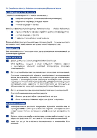 109
1.2. Складність доступу до інфраструктури при будівництві мережі
СТЕЙКХОЛДЕРИ ТА ЇХНІ ІНТЕРЕСИ
Оператори телекомунікацій — інтереси полягають у:
	 швидкому розгортанні власних телекомунікаційних мереж;
	 скороченню витрат при розбудові мереж;
	 ефективному веденні бізнесу.
Власники інфраструктури (оператори телекомунікацій) — інтереси полягають в:
	 отриманні прибутку від надання доступу до власної інфраструктури;
	 ефективному веденні бізнесу;
	 у відсутності високої конкуренції на ринку.
Власникиінфраструктури(неоператорителекомунікацій)—інтереси полягають
в отриманні прибутку від надання доступу до власної інфраструктури.
ЦІЛІ ПОЛІТИКИ
Забезпечення прозорої процедури щодо доступу операторів телекомунікацій до
об’єктів інфраструктури.
ОПИС ПРОБЛЕМИ
1 	 Доступ до ККЕ, яка належить операторам телекомунікацій.
Опис проблеми наведено в описі інструменту «Правила надання
в користування кабельної каналізації електрозв'язку операторів
телекомунікацій».
2 	 Доступ до іншої інфраструктури, яка належить операторам телекомунікацій.
Оператори телекомунікацій, які мають власні розвинуті телекомунікаційні
мережі, не зацікавлені у наданні доступу до інфраструктури власних мереж
(пасивної та транспортної) іншим операторам телекомунікацій з причини
недопущенняпосиленняконкуренції.Саметомуоператорителекомунікацій
розбудовують власні мережі на тих самих територіях, що призводить до
збільшення витрат операторів телекомунікацій при розбудові мереж.
3 	 Доступ до інфраструктури, яка не належить операторам телекомунікацій.
Опис проблеми наведено в описі інструментів:
	 Правила доступу до інфраструктури об'єктів доступу;
	 Плата за доступ до елементів інфраструктури об’єкта доступу.
ПРИЧИНИ ПРОБЛЕМИ
1 	 Законодавством не достатньо врегульовані відносини власників ККЕ та
користувачів ККЕ в частині прав та обов’язків сторін. На законодавчому рівні
не врегульовані питання застосування штрафних санкцій до користувачів
ККЕ.
2 	 Відсутня процедура, яка би встановлювала порядок здійснення доступу до
інфраструктури (окрім ККЕ), яка є власністю операторів телекомунікацій.
3 	 Закон про доступ не встановлює відповідальність за невиконання його
положень.
 
