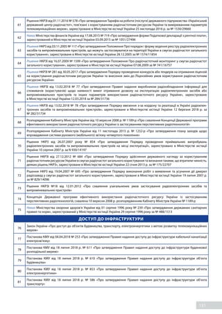 131
61
Рішення НКРЗІ від 01.11.2016 № 578 «Про затвердження Тарифів на роботи (послуги) державного підприємства «Український
державний центр радіочастот», пов’язані з користуванням радіочастотним ресурсом України та вимірюванням параметрів
телекомунікаційних мереж», зареєстроване в Міністерстві юстиції України 25 листопада 2016 р. за № 1530/29660
62
Наказ Міністерства фінансів України від 17.08.2015 № 719 «Про затвердження форми Податкової декларації з рентної плати»,
зареєстрований в Міністерстві юстиції України 03.09.2015 за № 1051/27496
63
Рішення НКРЗ від 03.11.2005 № 117 «Про затвердження Положення Про порядок і форму ведення реєстру радіоелектронних
засобів та випромінювальних пристроїв, що можуть застосовуватися на території України в смугах радіочастот загального
користування», зареєстроване в Міністерстві юстиції України 28.12.2005 за № 1574/11854
64
Рішення НКРЗІ від 16.07.2009 № 1599 «Про затвердження Положення Про радіочастотний моніторинг у смугах радіочастот
загального користування», зареєстроване в Міністерстві юстиції України 07.08.2009 за № 741/16757
65
Рішення НКРЗІ № 281 від 30.05.2017 «Про затвердження Порядку проведення конкурсів або тендерів на отримання ліцензій
на користування радіочастотним ресурсом України та внесення змін до Ліцензійних умов користування радіочастотним
ресурсом України»
66
Рішення НКРЗІ від 13.02.2018 №  77 «Про  затвердження Правил надання виробником радіообладнання інформації для
споживачів (користувачів) щодо наявності вимог отримання дозволу на експлуатацію радіоелектронних засобів або
випромінювальних пристроїв та інших параметрів використання радіочастотного ресурсу України», зареєстроване
в Міністерстві юстиції України 12.03.2018 за № 284/31736
67
Рішення НКРЗІ від 13.02.2018 № 78 «Про затвердження Порядку ввезення з-за кордону та реалізації в Україні радіоелек-
тронних засобів та випромінювальних пристроїв», зареєстроване в Міністерстві юстиції України 12 березня 2018 р. за
№ 282/31734
68
Розпорядження Кабінету Міністрів України від 10 вересня 2008 р. № 1189-р «Про схвалення Концепції Державної програми
ефективного використання радіочастотного ресурсу України із застосуванням перспективних радіотехнологій»
69
Розпорядження Кабінету Міністрів України від 11 листопада 2015 р. №  1232-р «Про  затвердження плану заходів щодо
впровадження системи рухомого (мобільного) зв'язку четвертого покоління»
70
Рішення НКРЗ від 26.07.2007 року №  854 «Про  затвердження Порядку проведення приймальних випробувань
радіоелектронних засобів та випромінювальних пристроїв на місці експлуатації», зареєстровано в Міністерстві юстиції
України 10 серпня 2007 р. за N 930/14197
71
Рішення НКРЗІ від 27.12.2012 №  684 «Про  затвердження Порядку здійснення державного нагляду за користуванням
радіочастотним ресурсом України в смугах радіочастот загального користування та визнання такими, що втратили чинність,
деяких рішень НКРЗ», зареєстроване в Міністерстві юстиції України 22 січня 2013 р. за № 175/22707
72
Рішення НКРЗ від 19.04.2007 №  695 «Про  затвердження Порядку виконання робіт з виявлення та усунення дії джерел
радіозавад у смугах радіочастот загального користування», зареєстроване в Міністерстві юстиції України 19 липня 2007 р.
за № 829/14096
73
Рішення НКРЗІ №18 від 12.01.2012 «Про  схвалення узагальнених умов застосування радіоелектронних засобів та
випромінювальних пристроїв»
74
Концепція Державної програми ефективного використання радіочастотного ресурсу України із застосуванням
перспективних радіотехнологій, схвалена 10 вересня 2008 р. розпорядженням Кабінету Міністрів України № 1189-р
75
Наказ Міністерства охорони здоров’я України від 01 серпня 1996 року № 239 «Про затвердження державних санітарних
правил та норм», зареєстрований у Міністерстві юстиції України 29 серпня 1996 року за № 488/1513
ДОСТУП ДО ІНФРАСТРУКТУРИ
76
Закон України «Про доступ до об’єктів будівництва, транспорту, електроенергетики з метою розвитку телекомунікаційних
мереж»
77
Постанова КМУ від 04.04.2018 № 253 «Про затвердження Правил надання доступу до інфраструктури кабельної каналізації
електрозв’язку»
78
Постанова КМУ від 18 липня 2018 р. № 611 «Про затвердження Правил надання доступу до інфраструктури будинкової
розподільної мережі»
79
Постанова КМУ від 18 липня 2018 р. №  610 «Про  затвердження Правил надання доступу до інфраструктури об’єкта
будівництва»
80
Постанова КМУ від 18 липня 2018 р. №  853 «Про  затвердження Правил надання доступу до інфраструктури об’єкта
електроенергетики»
81
Постанова КМУ від 18 липня 2018 р. №  586 «Про  затвердження Правил надання доступу до інфраструктури об’єкта
транспорту»
 
