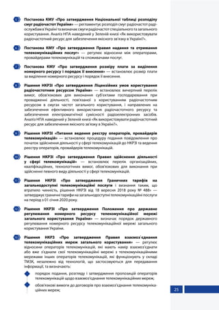 25
5 	 Постанова КМУ «Про затвердження Національної таблиці розподілу
смуг радіочастот України» — регламентує розподіл смуг радіочастот раді-
ослужбамвУкраїнітавизначаєсмугирадіочастотспеціальноготазагального
користування. Аналіз НПА наведений у Зеленій книзі «Як використовувати
радіочастотний ресурс для забезпечення якісного зв’язку в Україні?».
6 	 Постанова КМУ «Про затвердження Правил надання та отримання
телекомунікаційних послуг» — регулює відносини між операторами,
провайдерами телекомунікацій та споживачами послуг.
7 	 Постанова КМУ «Про затвердження розміру плати за виділення
номерного ресурсу і порядок її внесення» — встановлює розмір плати
за виділення номерного ресурсу і порядок її внесення.
8 	 Рішення НКРЗІ «Про затвердження Ліцензійних умов користування
радіочастотним ресурсом України» — встановлює вичерпний перелік
вимог, обов'язкових для виконання суб'єктами господарювання при
провадженні діяльності, пов'язаної з користуванням радіочастотним
ресурсом в смугах частот загального користування, і направлених на
забезпечення ефективного використання радіочастотного ресурсу та
забезпечення електромагнітної сумісності радіоелектронних засобів.
Аналіз НПА наведений у Зеленій книзі «Як використовувати радіочастотний
ресурс для забезпечення якісного зв’язку в Україні?».
9 	 Рішення НКРЗІ «Питання ведення реєстру операторів, провайдерів
телекомунікацій» — встановлює процедуру подання повідомлення про
початок здійснення діяльності у сфері телекомунікацій до НКРЗІ та ведення
реєстру операторів, провайдерів телекомунікацій.
10 	 Рішення НКРЗІ «Про затвердження Правил здійснення діяльності
у сфері телекомунікацій» — встановлює перелік організаційних,
кваліфікаційних, технологічних вимог, обов'язкових для виконання при
здійсненні певного виду діяльності у сфері телекомунікацій.
11 	 Рішення НКРЗІ «Про затвердження Граничних тарифів на
загальнодоступні телекомунікаційні послуги і визнання таким, що
втратило чинність, рішення НКРЗІ від 18 вересня 2018 року № 488» —
затверджуєграничнітарифиназагальнодоступнітелекомунікаційніпослуги
на період з 01 січня 2020 року.
12 	 Рішення НКРЗІ «Про затвердження Положення про державне
регулювання номерного ресурсу телекомунікаційної мережі
загального користування України» — визначає порядок державного
регулювання номерного ресурсу телекомунікаційної мережі загального
користування України.
13 	 Рішення НКРЗ «Про затвердження Правил взаємоз`єднання
телекомунікаційних мереж загального користування» — регулює
відносини операторів телекомунікацій, які мають намір взаємоз’єднати
або вже з’єднали свої телекомунікаційні мережі з телекомунікаційними
мережами інших операторів телекомунікацій, які функціонують у складі
ТМЗК, незалежно від технологій, що застосовуються для передавання
інформації, та визначають:
	 порядок подання, розгляду і затвердження пропозицій операторів
телекомунікацій щодо взаємоз’єднання телекомунікаційних мереж;
	 обов’язкові вимоги до договорів про взаємоз’єднання телекомуніка-
ційних мереж;
 