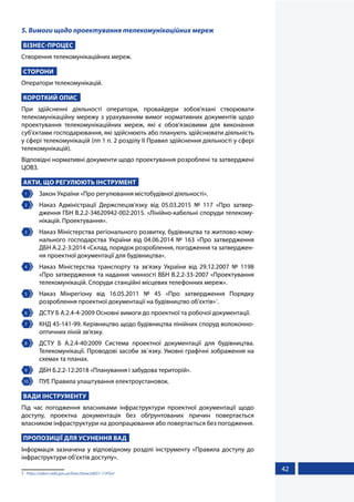 42
5. Вимоги щодо проектування телекомунікаційних мереж
БІЗНЕС-ПРОЦЕС
Створення телекомунікаційних мереж.
СТОРОНИ
Оператори телекомунікацій.
КОРОТКИЙ ОПИС
При здійсненні діяльності оператори, провайдери зобов'язані створювати
телекомунікаційну мережу з урахуванням вимог нормативних документів щодо
проектування телекомунікаційних мереж, які є обов'язковими для виконання
суб'єктами господарювання, які здійснюють або планують здійснювати діяльність
у сфері телекомунікацій (пп 1 п. 2 розділу ІІ Правил здійснення діяльності у сфері
телекомунікацій).
Відповідні нормативні документи щодо проектування розроблені та затверджені
ЦОВЗ.
АКТИ, ЩО РЕГУЛЮЮТЬ ІНСТРУМЕНТ
1 	 Закон України «Про регулювання містобудівної діяльності».
2 	 Наказ Адміністрації Держспецзв'язку від 05.03.2015 № 117 «Про затвер-
дження ГБН В.2.2-34620942-002:2015. «Лінійно-кабельні споруди телекому-
нікацій. Проектування».
3 	 Наказ Міністерства регіонального розвитку, будівництва та житлово-кому-
нального господарства України від 04.06.2014 № 163 «Про  затвердження
ДБН А.2.2-3:2014 «Склад, порядок розроблення, погодження та затверджен-
ня проектної документації для будівництва».
4 	 Наказ Міністерства транспорту та зв'язку України від 29.12.2007 № 1198
«Про затвердження та надання чинності ВБН В.2.2-33-2007 «Проектування
телекомунікацій. Споруди станційні місцевих телефонних мереж».
5 	 Наказ Мінрегіону від 16.05.2011 № 45 «Про затвердження Порядку
розроблення проектної документації на будівництво об'єктів»1
.
6 	 ДСТУ Б А.2.4-4-2009 Основні вимоги до проектної та робочої документації.
7 	 КНД 45-141-99. Керівництво щодо будівництва лінійних споруд волоконно-
оптичних ліній зв’язку.
8 	 ДСТУ Б А.2.4-40:2009 Система проектної документації для будівництва.
Телекомунікації. Проводові засоби зв`язку. Умовні графічні зображення на
схемах та планах.
9 	 ДБН Б.2.2-12:2018 «Планування і забудова територій».
10 	 ПУЕ Правила улаштування електроустановок.
ВАДИ ІНСТРУМЕНТУ
Під час погодження власниками інфраструктури проектної документації щодо
доступу, проектна документація без обґрунтованих причин повертається
власником інфраструктури на доопрацювання або повертається без погодження.
ПРОПОЗИЦІЇ ДЛЯ УСУНЕННЯ ВАД
Інформація зазначена у відповідному розділі інструменту «Правила доступу до
інфраструктури об'єктів доступу».
1	 https://zakon.rada.gov.ua/laws/show/z0651-11#Text
 