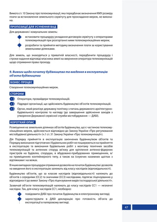 47
Вимога ст. 10 Закону про телекомунікації, яка передбачає визначення КМУ розміру
плати за встановлення земельного сервітуту для прокладання мереж, не викона-
на.
ПРОПОЗИЦІЇ ДЛЯ УСУНЕННЯ ВАД
Для державних і комунальних земель:
	 встановити процедуру укладання договорів сервітуту з операторами
телекомунікацій при розгортанні ними телекомунікаційних мереж;
	 розробити та прийняти методику визначення плати за користування
земельними ділянками.
Для земель, що знаходяться у приватній власності, передбачити процедуру і
строки надання відповіді власника землі на звернення оператора телекомунікацій
щодо отримання права проходу.
9. Вимоги щодо початку будівництва та введення в експлуатацію
об'єкта будівництва
БІЗНЕС-ПРОЦЕС
Створення телекомунікаційних мереж.
СТОРОНИ
1 	 Оператори, провайдери телекомунікацій.
2 	 Підрядні організації, що здійснюють будівництво об’єктів телекомунікацій.
3 	 Орган, який реалізує державну політику з питань державного архітектурно-
будівельного контролю та нагляду (до завершення здійснення заходів з
утворення Державної сервісної служби містобудування — ДАБІ).
КОРОТКИЙ ОПИС
Розміщення на земельних ділянках об'єктів будівництва, що є частиною телекому-
нікаційних мереж, здійснюється відповідно до Закону України «Про регулювання
містобудівної діяльності» (ч.1 ст. 31 Закону України «Про телекомунікації»).
Дія Порядку прийняття в експлуатацію закінчених будівництвом об'єктів та
Порядкувиконанняпідготовчихібудівельнихробітнепоширюютьсянаприйняття
в експлуатацію та виконання будівельних робіт з монтажу технічних засобів
телекомунікацій та антенних споруд зв'язку для кріплення антенно-фідерних
пристроїв на будівлях, спорудах, в вбудовано-прибудованих приміщеннях, в/
на приміщеннях контейнерного типу, а також на існуючих наземних щоглах з
відтяжками і на вежах.
Віншихвипадкахпроцедуриотриманнядозволівнапочатокбудівництваідозволів
на введення його в експлуатацію залежать від класу наслідків (відповідальності).
Будівництво об’єктів, що за класом наслідків (відповідальності) належать до
об’єктів з середніми (СС2) та значними (СС3) наслідками, підлягає ліцензуванню у
відповідності до вимог Закону «Про ліцензування видів господарської діяльності».
Зазвичай об’єкти телекомунікацій належать до класу наслідків СС1 — незначні
наслідки. Так, для класу наслідків СС1, необхідно:
	 повідомити ДАБІ про початок будівництва в електронному вигляді;
	 зареєструвати в ДАБІ декларацію про готовність об'єкта до
експлуатації в паперовому вигляді.
 