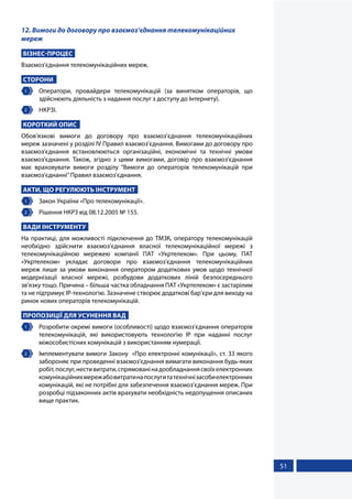 51
12. Вимоги до договору про взаємоз’єднання телекомунікаційних
мереж
БІЗНЕС-ПРОЦЕС
Взаємоз'єднання телекомунікаційних мереж.
СТОРОНИ
1 	 Оператори, провайдери телекомунікацій (за винятком операторів, що
здійснюють діяльність з надання послуг з доступу до Інтернету).
2 	 НКРЗІ.
КОРОТКИЙ ОПИС
Обов’язкові вимоги до договору про взаємоз’єднання телекомунікаційних
мереж зазначені у розділі ІV Правил взаємоз'єднання. Вимогами до договору про
взаємоз’єднання встановлюються організаційні, економічні та технічні умови
взаємоз’єднання. Також, згідно з цими вимогами, договір про взаємоз’єднання
має враховувати вимоги розділу “Вимоги до операторів телекомунікацій при
взаємоз’єднанні”Правил взаємоз’єднання.
АКТИ, ЩО РЕГУЛЮЮТЬ ІНСТРУМЕНТ
1 	 Закон України «Про телекомунікації».
2 	 Рішення НКРЗ від 08.12.2005 № 155.
ВАДИ ІНСТРУМЕНТУ
На практиці, для можливості підключення до ТМЗК, оператору телекомунікацій
необхідно здійснити взаємоз’єднання власної телекомунікаційної мережі з
телекомунікаційною мережею компанії ПАТ «Укртелеком». При цьому, ПАТ
«Укртелеком» укладає договори про взаємоз’єднання телекомунікаційних
мереж лише за умови виконання оператором додаткових умов щодо технічної
модернізації власної мережі, розбудови додаткових ліній безпосереднього
зв'язку тощо. Причина – більша частка обладнання ПАТ «Укртелеком» є застарілим
та не підтримує IP-технологію. Зазначене створює додаткові бар'єри для виходу на
ринок нових операторів телекомунікацій.
ПРОПОЗИЦІЇ ДЛЯ УСУНЕННЯ ВАД
1 	 Розробити окремі вимоги (особливості) щодо взаємоз'єднання операторів
телекомунікацій, які використовують технологію IP при наданні послуг
міжособистісних комунікацій з використанням нумерації.
2 	 Імплементувати вимоги Закону «Про електронні комунікації», ст. 33 якого
забороняє при проведенні взаємоз'єднання вимагати виконання будь-яких
робіт,послуг,нестивитрати,спрямованінадообладнаннясвоїхелектронних
комунікаційнихмережабовитратинапослугитатехнічнізасобиелектронних
комунікацій, які не потрібні для забезпечення взаємоз’єднання мереж. При
розробці підзаконних актів врахувати необхідність недопущення описаних
вище практик.
 