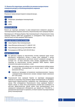 52
13. Вимоги до структури, розподілу та умовам використання
номерного ресурсу в телекомунікаційних мережах
БІЗНЕС-ПРОЦЕС
Отримання права використовувати номерний ресурс.
СТОРОНИ
1 	 Оператори, провайдери телекомунікацій.
2 	 НКРЗІ.
3 	 ЦОВЗ.
КОРОТКИЙ ОПИС
Вимоги до структури, розподілу та умов використання номерного ресурсу в
телекомунікаційних мережах зазначені у Національному плані нумерації України.
Відповідно до ст. 69 Закону України «Про телекомунікації» та Національного плану
нумерації України, ЦОВЗ було розроблено та затверджено План переходу на
перспективну систему нумерації ТМЗК України.
АКТИ, ЩО РЕГУЛЮЮТЬ ІНСТРУМЕНТ
1 	 Закон України «Про телекомунікації».
2 	 Наказ Мінтрансзв’язку від 23.11.2006 № 11051
.
3 	 Наказ Мінтрансзв’язку від 29.09.2008 № 12002
.
4 	 Розпорядження КМУ від 18.07.2018 № 540-р3
.
ВАДИ ІНСТРУМЕНТУ
1 	 Не здійснено перехід на перспективну систему нумерації щодо послуг
фіксованого телефонного зв’язку в межах зони нумерації, з метою
розширення і забезпечення достатньої ємності номерного ресурсу. На
сьогодні так і не було виконано низку заходів, передбачених Планом
переходу на перспективну систему нумерації ТМЗК України, термін
виконання яких давно вичерпався, а саме:
	 перехід до форматів набору послуги альтернативного вибору мереж
та операторів телекомунікацій за класом якості послуг (термін
виконання 2010 р.);
	 перехід до процедури встановлення внутрішньозонових з'єднань
з використанням семизначних зонових номерів (термін виконання
2011-2012 роки).
2 	Національний план нумерації України не відповідає міжнародним
вимогам та сучасному стану розвитку сфери телекомунікацій. 01.09.2020 р.
Адміністрація Держспецзв'язку повідомила про оприлюднення проекту
наказу «Про затвердження Національного плану нумерації України»4
.
Проект наказу та аналіз його регуляторного впливу було розміщено на
веб-сайті Держспецзв’язку. Даний проект було доопрацьовано після
завершення громадського обговорення, що тривало до 17.02.2020 р., з
урахуванням пропозицій та зауважень, які були отримані від представників
ринку телекомунікацій.
1	 https://zakon.rada.gov.ua/laws/show/z1284-06#Text
2	 https://zakon.rada.gov.ua/laws/show/z1014-08#Text
3	 https://zakon.rada.gov.ua/laws/show/540-2018-%D1%80#Text
4	 https://cip.gov.ua/ua/news/proyekt-nakazu-pro-zatverdzhennya-nacionalnogo-planu-numeraciyi-ukrayini
 