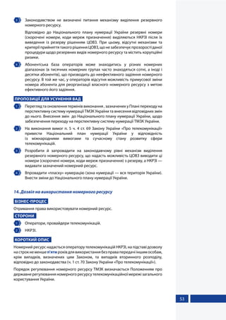 53
3 	 Законодавством не визначені питання механізму виділення резервного
номерного ресурсу.
Відповідно до Національного плану нумерації України резервні номери
(скорочені номери, коди мереж призначення) виділяються НКРЗІ після їх
виведення із резерву рішенням ЦОВЗ. При цьому, відсутні механізми та
критеріїприйняттятакогорішенняЦОВЗ,щонезабезпечуєпрозоростіданої
процедури щодо резервних видів номерного ресурсу та містить корупційні
ризики.
4 	 Абонентська база операторів може знаходитись у різних номерних
діапазонах (в тисячних номерних групах часто знаходяться сотні, а іноді і
десятки абонентів), що призводить до неефективного задіяння номерного
ресурсу. В той же час, у операторів відсутня можливість примусової зміни
номера абонента для реорганізації власного номерного ресурсу з метою
ефективного його задіяння.
ПРОПОЗИЦІЇ ДЛЯ УСУНЕННЯ ВАД
1 	 Перегляд та оновлення термінів виконання , зазначених у Плані переходу на
перспективну систему нумерації ТМЗК України та внесення відповідних змін
до нього. Внесення змін до Національного плану нумерації України, щодо
забезпечення переходу на перспективну систему нумерації ТМЗК України.
2 	 На виконання вимог п. 5 ч. 4 ст. 69 Закону України «Про телекомунікації»
привести Національний план нумерації України у відповідність
із міжнародними вимогами та сучасному стану розвитку сфери
телекомунікацій.
3 	 Розробити й запровадити на законодавчому рівні механізм виділення
резервного номерного ресурсу, що надасть можливість ЦОВЗ виводити ці
номери (скорочені номери, коди мереж призначення) з резерву, а НКРЗІ —
видавати зазначений номерний ресурс.
4 	 Впровадити «пласку» нумерацію (зона нумерації — вся територія України).
Внести зміни до Національного плану нумерації України.
14. Дозвіл на використання номерного ресурсу
БІЗНЕС-ПРОЦЕС
Отримання права використовувати номерний ресурс.
СТОРОНИ
1 	 Оператори, провайдери телекомунікацій.
2 	 НКРЗІ.
КОРОТКИЙ ОПИС
Номерний ресурс надається оператору телекомунікацій НКРЗІ, на підставі дозволу
настрокнеменшеп'ятироківдлявикористаннябезправапередачііншимособам,
крім випадків, визначених цим Законом, та випадків вторинного розподілу,
відповідно до законодавства (ч. 1 ст. 70 Закону України «Про телекомунікації»).
Порядок регулювання номерного ресурсу ТМЗК визначається Положенням про
державнерегулюванняномерногоресурсутелекомунікаційноїмережізагального
користування України.
 