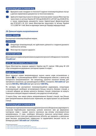 72
ПРОПОЗИЦІЇ ДЛЯ УСУНЕННЯ ВАД
1 	 Врахувати нові стандарти та технології надання телекомунікаційних послуг
у діючих нормативних документах та технічних вимогах.
2 	 Здійснити перегляд та внести зміни до технічних вимог (накази Міністерства
транспорту та зв’язку України № 558 від 04.08.2010 та № 607 від 20.08.2010),
а також нормативних документів (наказ Адміністрації Держспецзв’язку
від 07.05.2015 №  252, наказ Міністерства транспорту та зв’язку України
13.12.2007 № 1164). Внести відповідні зміни до Порядку маршрутизації.
28. Граничні норми випромінювання
БІЗНЕС-ПРОЦЕС
Експлуатація телекомунікаційних мереж.
СТОРОНИ
1 	 Оператори телекомунікацій, які здійснюють діяльність з надання рухомого
(мобільного) зв'язку.
2 	 Міністерство охорони здоров’я.
КОРОТКИЙ ОПИС
Діючіграничнінормивипромінюваннярадіоелектронногообладнаннястановлять
10 мкВт/см2
.
АКТИ, ЩО РЕГУЛЮЮТЬ ІНСТРУМЕНТ
Наказ Міністерства охорони здоров’я України від 01 серпня 1996 року № 239
«Про затвердження державних санітарних правил та норм»1
.
ВАДИ ІНСТРУМЕНТУ
Діючі граничні норми випромінювання значно нижче норм встановлених у
країнах  ЄС, та рекомендованих ВООЗ2
та Міжнародною комісією з захисту від
іонізуючого випромінювання3
. Так наприклад, граничні значення впливу для
звичайного населення, що рекомендуються ВООЗ, становлять 450 мкВт/см2
для
частоти 900 МГц і 900 мкВт/см2
для частоти 1800 МГц.
Як наслідок, при розгортанні телекомунікаційних радіомереж, операторам
телекомунікацій необхідно встановлювати більшу кількість базових станцій, а
у міській забудові, де велика щільність базових станцій, оператори не можуть
повноцінно використовувати наявний у них радіочастотний ресурс.
З іншого боку, чим нижче рівень випромінювання базової станцій, тим більше
рівні випромінювання абонентських терміналів, які зареєстровані на цій базовій
станції.
ПРОПОЗИЦІЇ ДЛЯ УСУНЕННЯ ВАД
Приведеннянормвипромінюваннярадіоелектронногообладнанняувідповідність
сучасним Європейським практикам, шляхом внесення змін до Державних
санітарних норм і правил захисту населення від впливу електромагнітних
випромінювань. А саме, необхідно збільшити гранично допустимий рівень
електромагнітного поля для радіотехнічних об'єктів, що працюють у діапазонах
дуже високих, ультрависоких, надвисоких та надзвичайно високих частот, як
мінімум до рівня 100 мкВт/см2
(19,42 В/м).
1	 https://zakon.rada.gov.ua/laws/show/z0488-96#Text
2	 https://www.who.int/peh-emf/about/WhatisEMF/ru/index4.html
3	 https://www.icnirp.org/en/activities/news/news-article/rf-guidelines-2020-published.html
 