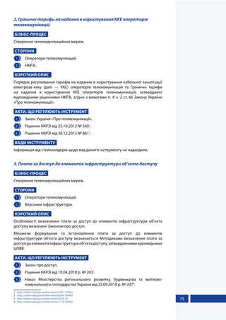 75
2. Граничні тарифи на надання в користування ККЕ операторів
телекомунікацій
БІЗНЕС-ПРОЦЕС
Створення телекомунікаційних мереж.
СТОРОНИ
1 	 Оператори телекомунікацій.
2 	 НКРЗІ.
КОРОТКИЙ ОПИС
Порядок регулювання тарифів на надання в користування кабельної каналізації
електрозв`язку (далі — ККЕ) операторів телекомунікацій та Граничні тарифи
на надання в користування ККЕ операторів телекомунікацій, затверджені
відповідними рішеннями НКРЗІ, згідно з вимогами п. 4 ч. 2 ст. 66 Закону України
«Про телекомунікації».
АКТИ, ЩО РЕГУЛЮЮТЬ ІНСТРУМЕНТ
1 	 Закон України «Про телекомунікації».
2 	 Рішення НКРЗІ від 25.10.2012 № 5401
.
3 	 Рішення НКРЗІ від 30.12.2013 № 8612
.
ВАДИ ІНСТРУМЕНТУ
Інформація від стейкхолдерів щодо вад даного інструменту не надходила.
3. Плата за доступ до елементів інфраструктури об’єкта доступу
БІЗНЕС-ПРОЦЕС
Створення телекомунікаційних мереж.
СТОРОНИ
1 	 Оператори телекомунікацій.
2 	 Власники інфраструктури.
КОРОТКИЙ ОПИС
Особливості визначення плати за доступ до елементів інфраструктури об’єкта
доступу визначені Законом про доступ.
Механізм формування та встановлення плати за доступ до елементів
інфраструктури об’єкта доступу визначається Методиками визначення плати за
доступдоелементівінфраструктуриоб’єктадоступу,затвердженимивідповідними
ЦОВВ.
АКТИ, ЩО РЕГУЛЮЮТЬ ІНСТРУМЕНТ
1 	 Закон про доступ.
2 	 Рішення НКРЗІ від 10.04.2018 р. № 2033
.
3 	 Наказ Міністерства регіонального розвитку, будівництва та житлово-
комунального господарства України від 25.09.2018 р. № 2474
.
1	 https://zakon.rada.gov.ua/laws/show/z1901-12#Text
2	 https://zakon.rada.gov.ua/laws/show/z0230-14#Text
3	 http://zakon3.rada.gov.ua/laws/show/z0528-18
4	 https://zakon.rada.gov.ua/laws/show/z1119-18#Text
 