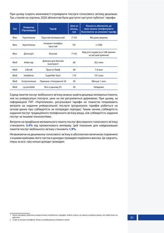 91
При цьому існують можливості отримувати послуги голосового зв’язку дешевше.
Так, станом на серпень 2020 абонентам були доступні наступні публічні1
тарифи:
Тип
Оператор
(Провайдер)
Тариф
Ціна за
місяць,
грн
Кількість абонентів, до
яких можна телефонувати
безоплатно за умовами тарифу
Фікс Укртелеком Простий мінімальний 71.65 Місцева мережа
Фікс Укртелеком
Інтернет-телефон
простий
592
±1500
Фікс Датагруп Економ 71.65
Відсутні (надається 168 хвилин
на місцеві дзвінки)
Моб Київстар
Дзвінки для батьків
(контракт)
60 26.2 млн
Моб Lifecell Просто Лайф 40 7.4 млн
Моб Vodafone SuperNet Start 110 19.7 млн
Моб Інтертелеком Приємне спілкування 50 50 Менше 1 млн
Моб Lycamobile Все в одному XS 50 Невідомо
Серед пакетів послуг мобільного зв'язку можна знайти дешевші мінімальні пакети,
ніж на універсальні послуги, ціни на які регулюються державою. При цьому, за
інформацією ПАТ «Укртелеком», регульовані тарифи не повністю покривають
витрати на надання універсальної послуги (розрахунок тарифів робиться на
основі даних про собівартість за попередні періоди). Таким чином, собівартість
надання послуг традиційного телефонного зв’язку вища, ніж собівартість надання
послуг за іншими технологіями.
Витрати на придбання мінімального пакету послуг фіксованого голосового зв’язку
становлять 3,4% від прожиткового мінімуму. Цей показник для найдешевших
пакетів послуг мобільного зв’язку становить 1,9%.
Незважаючи на дешевизну голосового зв’язку в абсолютних величинах порівняно
з іншими країнами, його частка в доходах громадян порівняно висока. Це свідчить,
перш за все, про низькі доходи громадян.
1	 Також поширена практика використання непублічних тарифів, тобто таких, які мають вигідніші умови, але недоступні на
вебсайті
2	 10 грн за послуги телефонії, 49 грн за найдешевший інтернет-пакет
 